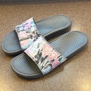 Nike Black and Pink Floral Slides